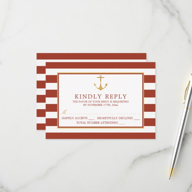 Nautical Gold Anchor, Red Brick & Gold Wedding RSVP Karte (Vorderseite/Rückseite Beispiel)