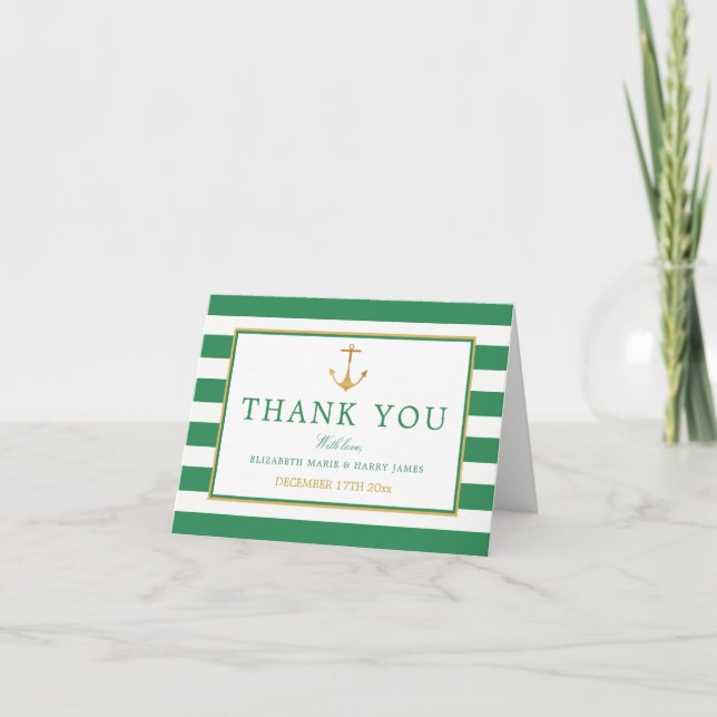 Nautical Gold Anchor, Sea Green & Gold Hochzeit Dankeskarte (Vorderseite)