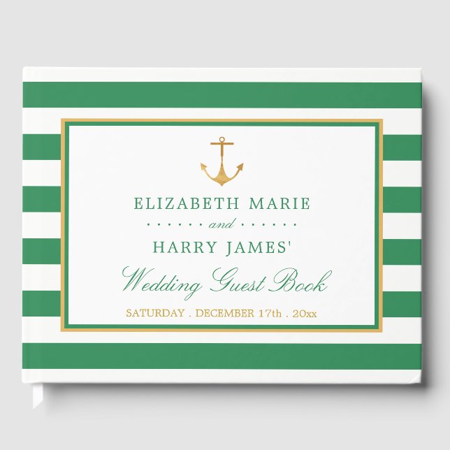 Nautical Gold Anchor, Sea Green & Gold Hochzeit Gästebuch (Vorderseite)