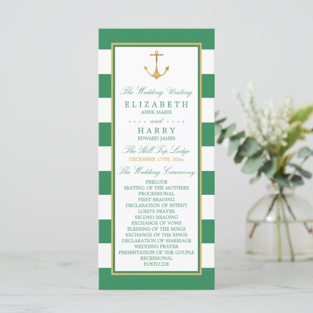 Nautical Gold Anchor, Sea Green & Gold Hochzeit Programm (Stehend Vorderseite)