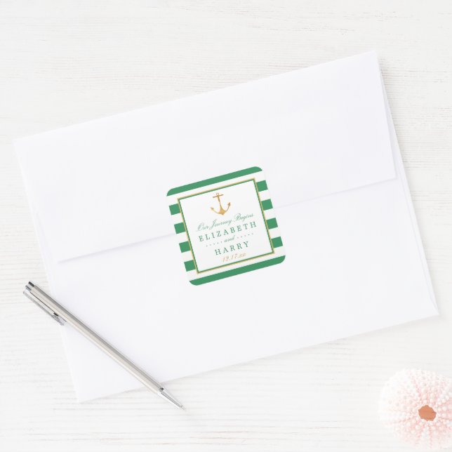 Nautical Gold Anchor, Sea Green & Gold Hochzeit Quadratischer Aufkleber (Umschlag)