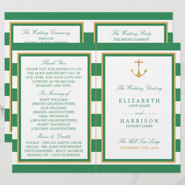 Nautical Gold Anchor, Sea Green Wedding Program (Vorne/Hinten)