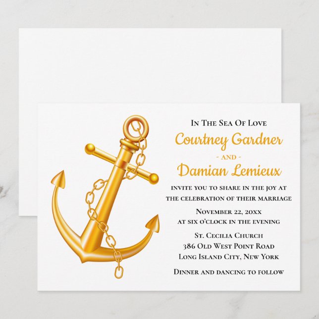Nautical Gold Anchor Wedding Beach Summer Einladung (Vorne/Hinten)