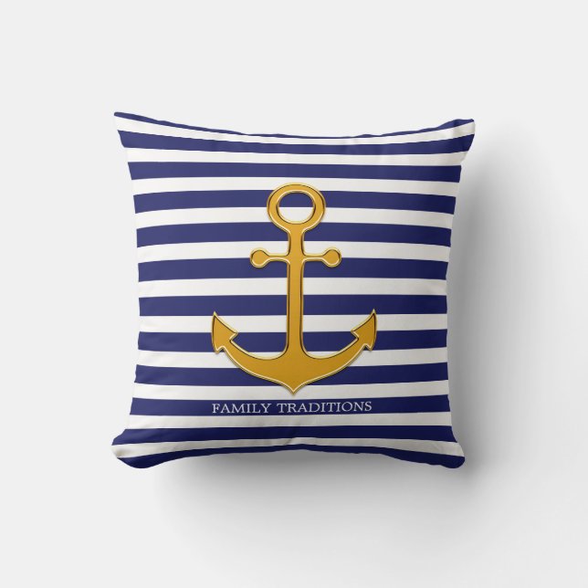 Nautical Gold Anker auf blau-weiß gestreift Kissen (Vorderseite)