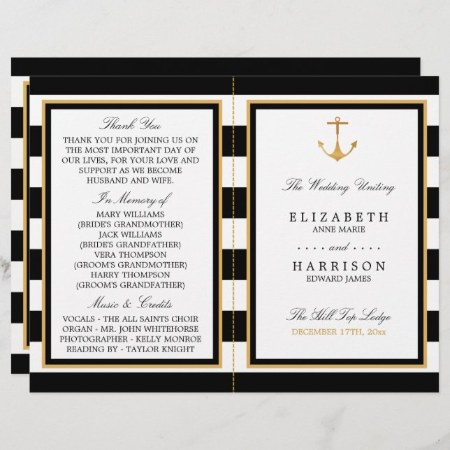 Nautical Gold Anker, Black/Gold Hochzeitsprogramm (Vorne/Hinten)