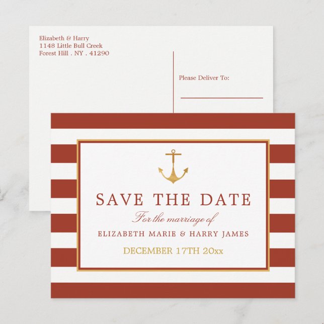 Nautical Gold Anker, Red Brick Save the Date Ankündigungspostkarte (Vorne/Hinten)