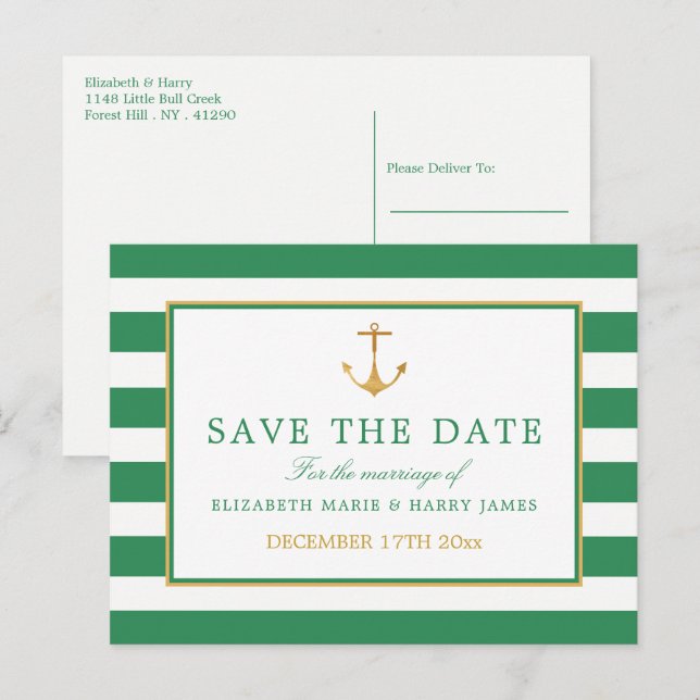 Nautical Gold Anker, Sea Green Gold Save the Date Ankündigungspostkarte (Vorne/Hinten)