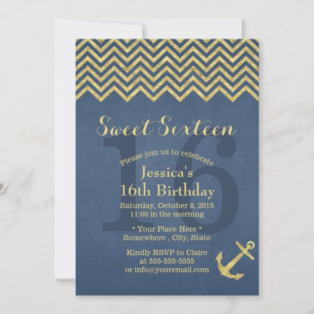 Nautical Gold Anker Zickzack Stripes Sweet 16 Einladung (Vorderseite)
