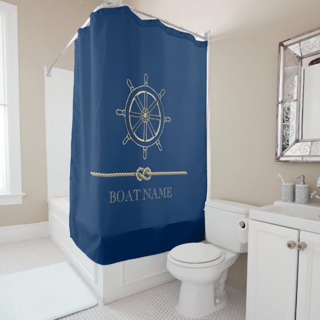Nautical Gold Boat Wheel, Navy Blue Duschvorhang (Beispiel)