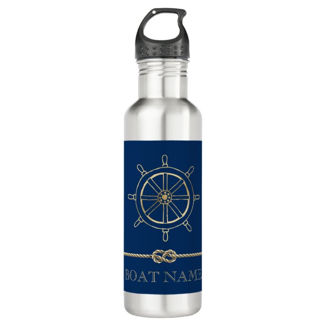 Nautical Gold Boat Wheel, Navy Blue Edelstahlflasche (Vorderseite)