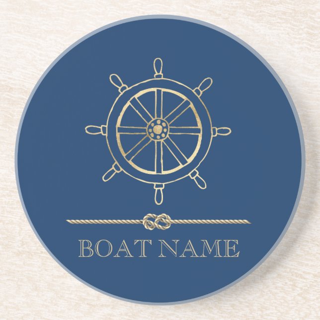 Nautical Gold Boat Wheel, Navy Blue Getränkeuntersetzer (Vorne)
