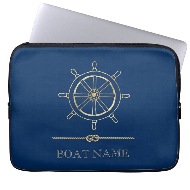 Nautical Gold Boat Wheel, Navy Blue Laptopschutzhülle (Vorderseite)