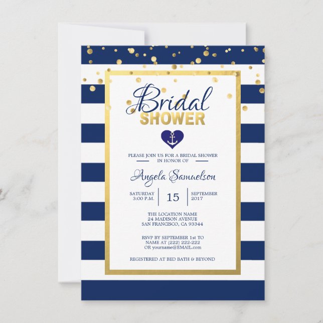 Nautical Gold Navy Blue Stripes Brautparty Einladung (Vorderseite)