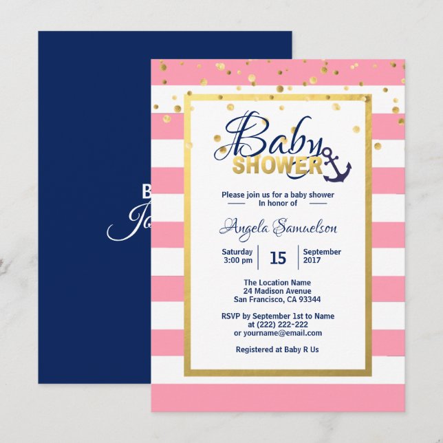 Nautical Gold Navy Blue White Pink Baby Dusche Einladung (Vorne/Hinten)