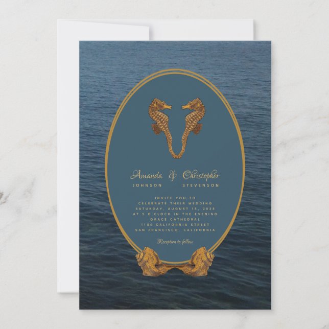 Nautical Gold Seepferd Dance Beach Wedding Einladung (Vorderseite)