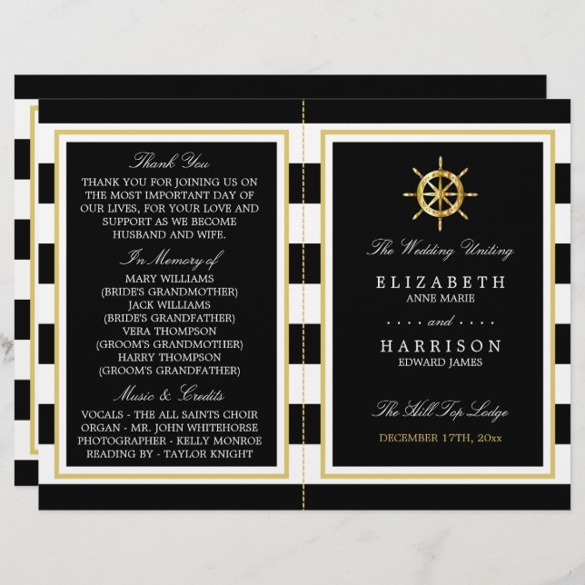 Nautical Gold Wheel, Black/Gold Wedding Program (Vorne/Hinten)