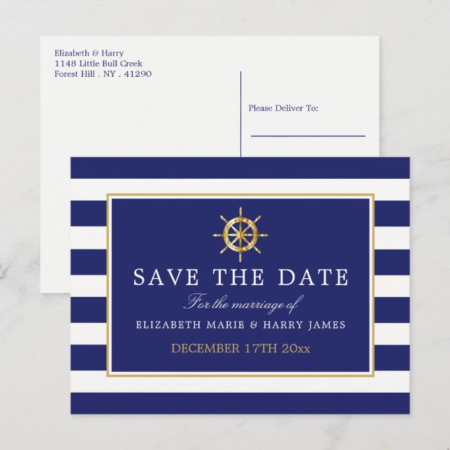 Nautical Gold Wheel, Navy & Gold Save the Date Ankündigungspostkarte (Vorne/Hinten)