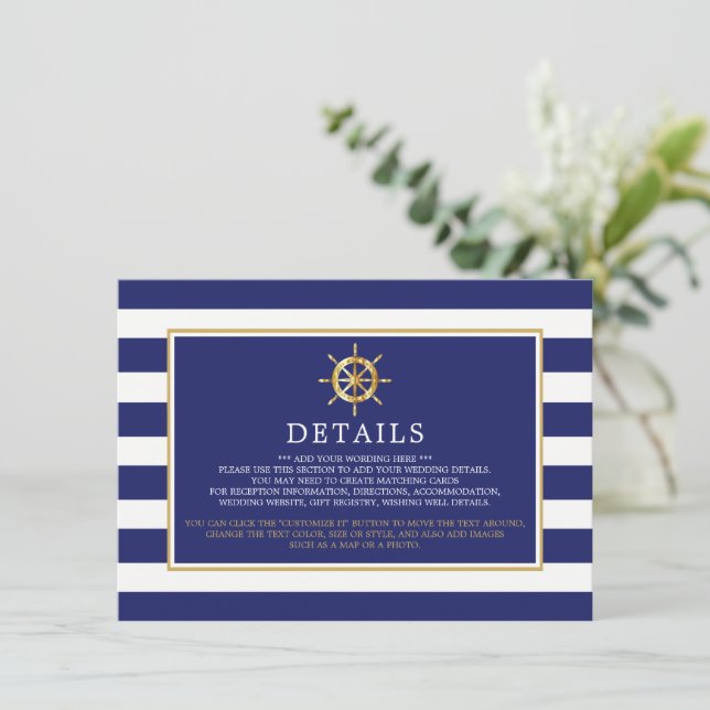 Nautical Gold Wheel, Navy & Gold Wedding Detail Begleitkarte (Stehend Vorderseite)