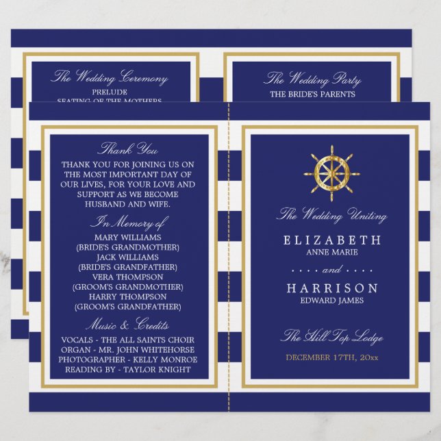 Nautical Gold Wheel, Navy/Gold Wedding Program (Vorne/Hinten)