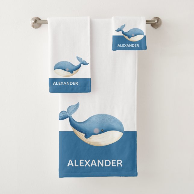 Nautical Gray Blue White Whale Badhandtuch Set (Insitu)
