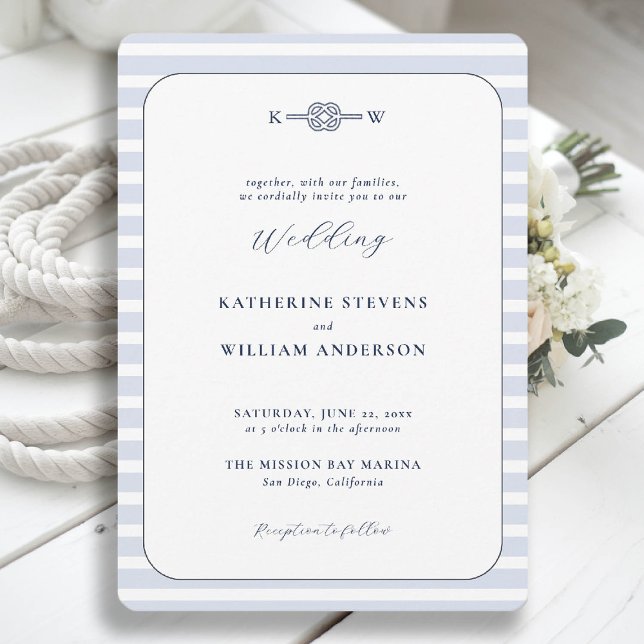 Nautical Infinity Knot Monogram Beach Hochzeit Einladung (beach wedding invitation nautical coastal blue stripes elegant modern infinity knot monograms)
