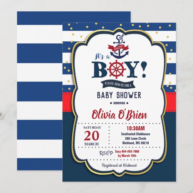 Nautical It is a Boy Red and Navy Blue Baby Shower Einladung (Vorne/Hinten)