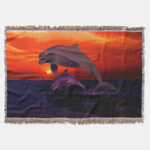 Nautical Jumping Dolphins Orange Ocean Sunset Decke