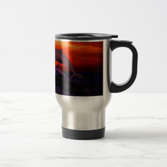 Nautical Jumping Dolphins Orange Ocean Sunset Reisebecher (Rechts)