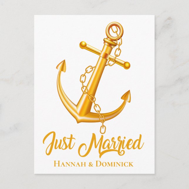 Nautical Just Married Gold Anchor Beach Hochzeit Ankündigungspostkarte (Vorderseite)