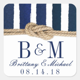 Nautical Knot Burlap Navy Stripes Hochzeitskleber Quadratischer Aufkleber