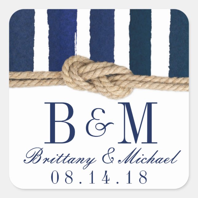 Nautical Knot Burlap Navy Stripes Hochzeitskleber Quadratischer Aufkleber (Vorderseite)