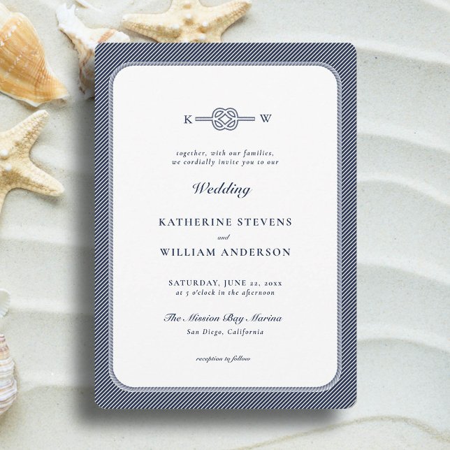 Nautical Knot Monogram Elegant Navy Beach Hochzeit Einladung (simple beach wedding invitation nautical rope infinity knot navy blue modern classic minimalist)