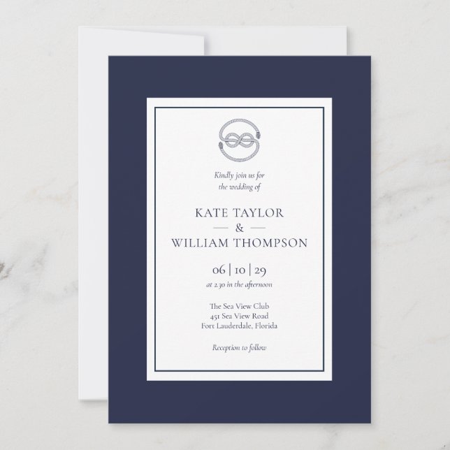 Nautical Knot Navy Blue and White Wedding Invitati Einladung (Vorderseite)