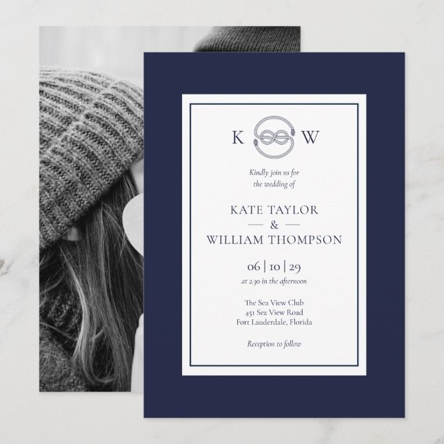 Nautical Knot Navy Blue Monogram Wedding Foto Einladung (Vorne/Hinten)