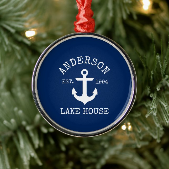Nautical Lake House Anchor Familienname Blue Ornament Aus Metall (Baum)