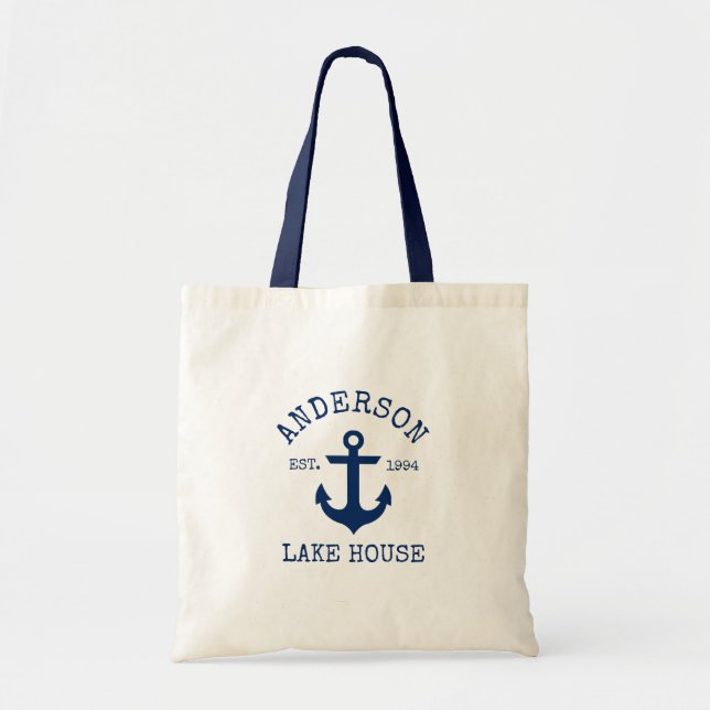 Nautical Lake House Blue Anchor Familienname Tragetasche (Vorne)