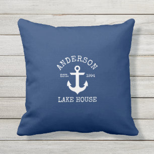 Nautical Lake House Familienname Anchor Navy Blue Kissen