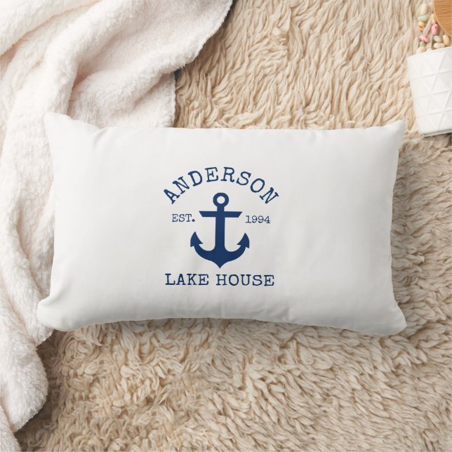 Nautical Lake House Familienname Navy Blue Anchor Lendenkissen (Decke)