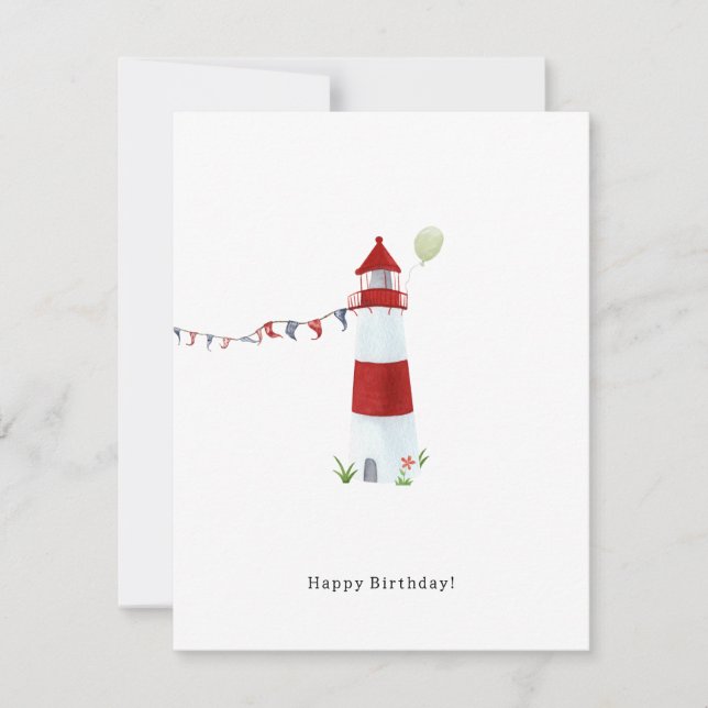 Nautical Lighthouse Beach Happy Birthday Balloon Mitteilungskarte (Vorderseite)