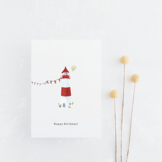 Nautical Lighthouse Beach Happy Birthday Balloon Postkarte (Von Creator hochgeladen)