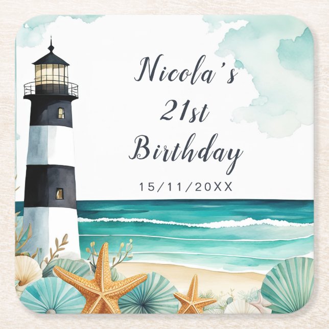 Nautical Lighthouse Birthday Rechteckiger Pappuntersetzer (Vorderseite)