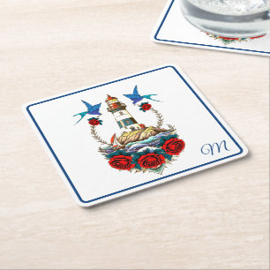 Nautical Lighthouse Bloral Red Blue Rechteckiger Pappuntersetzer