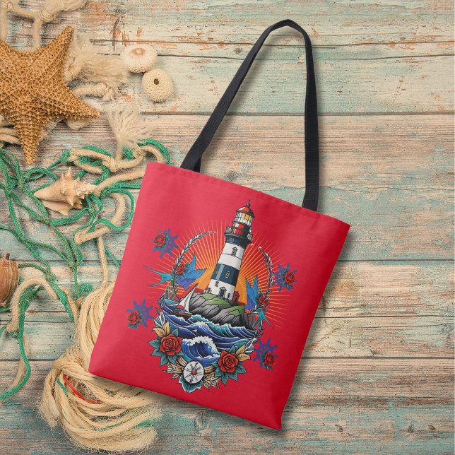Nautical Lighthouse Bloral Red Blue Tasche (Von Creator hochgeladen)