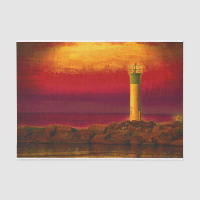 Nautical Lighthouse Burnt Orange Sky Sunset Lake Seidenpapier (Vorderseite)