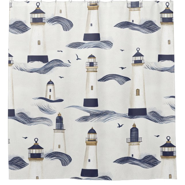 Nautical Lighthouse Coastal Blue Pattern (1) Duschvorhang (Vorderseite)