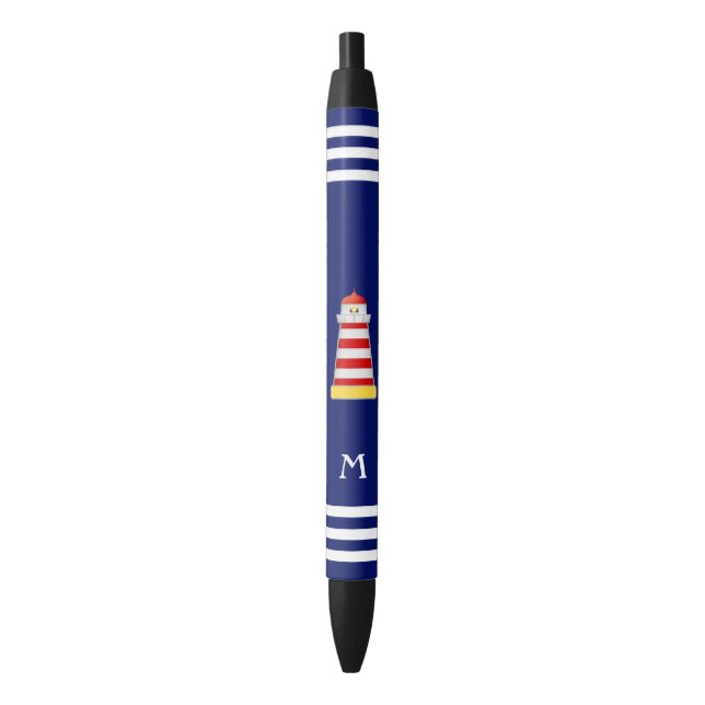 Nautical Lighthouse & Monogram auf blauem Hintergr Kugelschreiber (Vorderseite Vertikal)