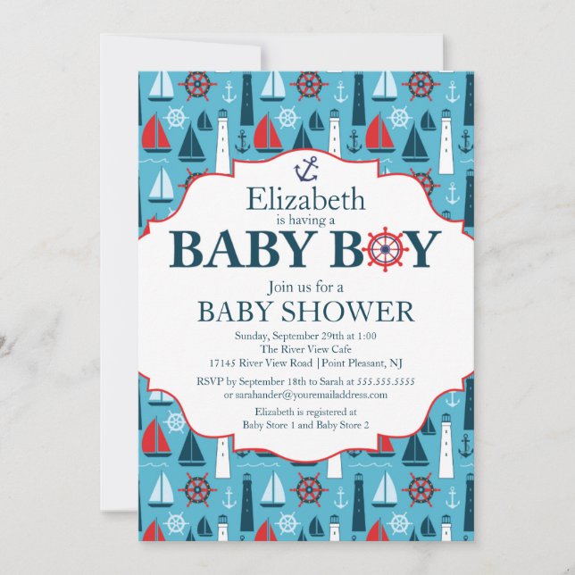 Nautical Lighthouse Sailboat Boys Babydusche Einladung (Vorderseite)