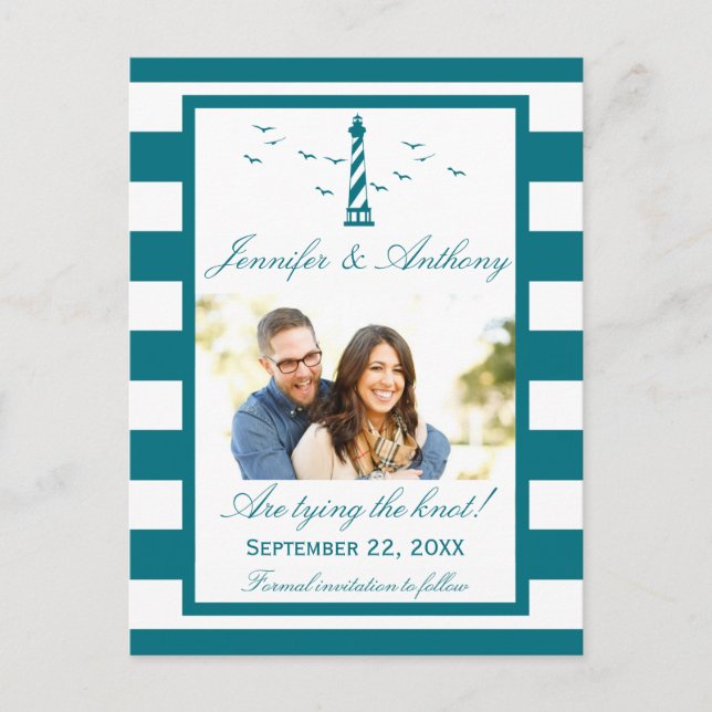 Nautical Lighthouse Wedding Foto Save the Date Ankündigungspostkarte (Vorderseite)