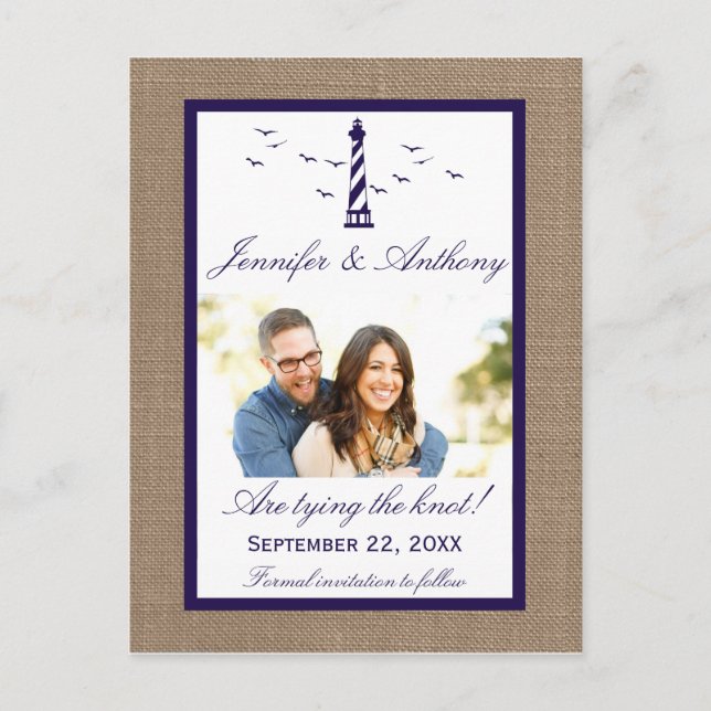 Nautical Lighthouse Wedding Foto Save the Date Ankündigungspostkarte (Vorderseite)