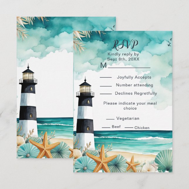 Nautical Lighthouse Wedding RSVP Karte (Vorne/Hinten)